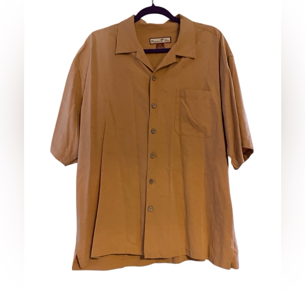 Paradise Blue Silk Button Down Shirt Men’s XL Solid Orange Short Sleeve Resort